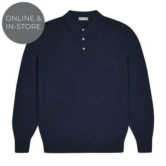Holt Cotton Fine Knit Long Sleeve Polo Shirt in Navy