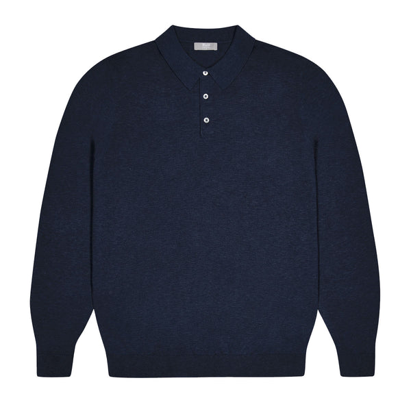 Holt Cotton Fine Knit Long Sleeve Polo Shirt in Navy