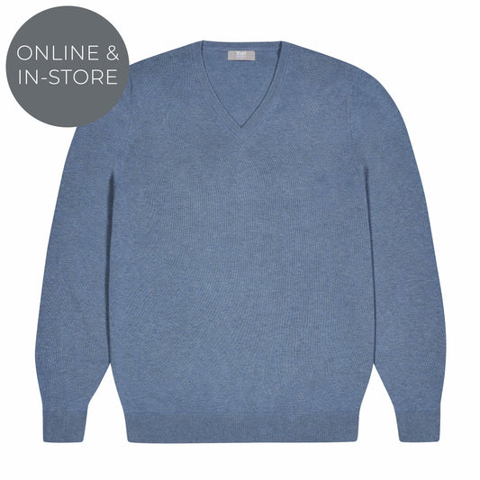 Drayton Cotton and Cashmere Fine Knit V-Neck Jumper in Carolina Blue