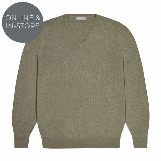 Drayton Cotton and Cashmere Fine Knit V-Neck Jumper in Laurel Green