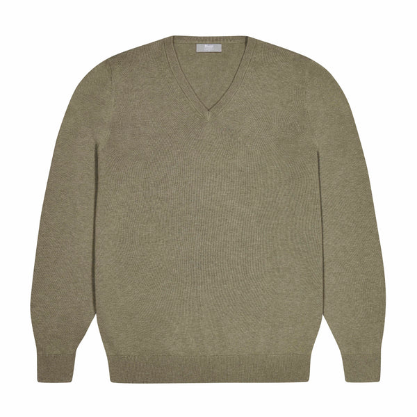 Drayton Cotton and Cashmere Fine Knit V-Neck Jumper in Laurel Green
