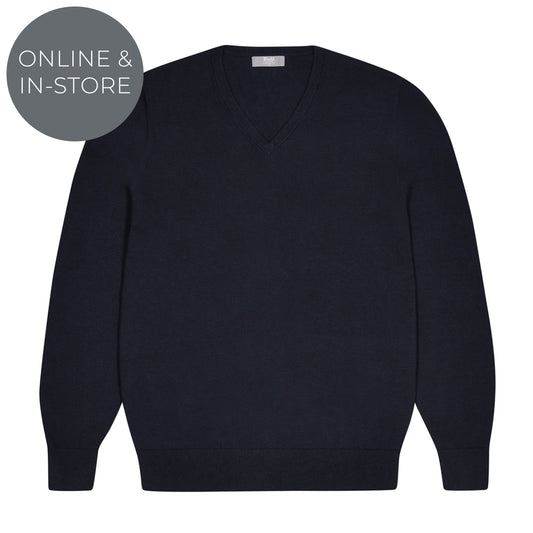 Drayton Cotton and Cashmere Fine Knit V-Neck Jumper in Navy