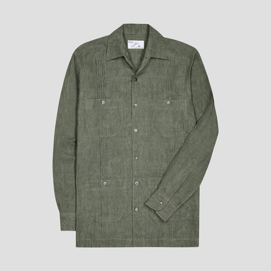 An olive green textured long-sleeve shirt jacket with a button-up front, collar, and four front pockets, displayed on a neutral light gray background.