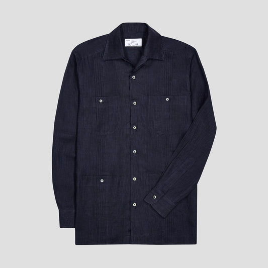 Signature Guayabera Shirt in Navy on grey background