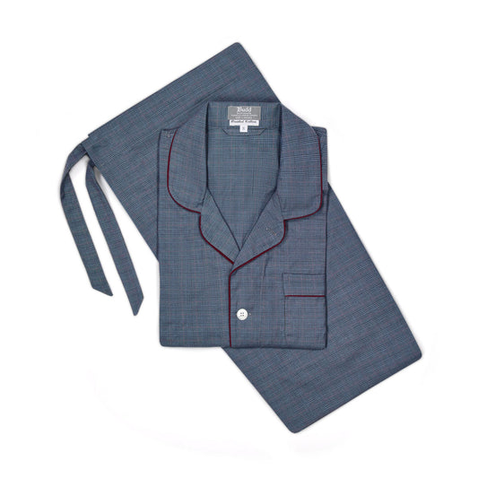 Swiss Brushed Cotton Glencheck Pyjamas in Blue and Wine