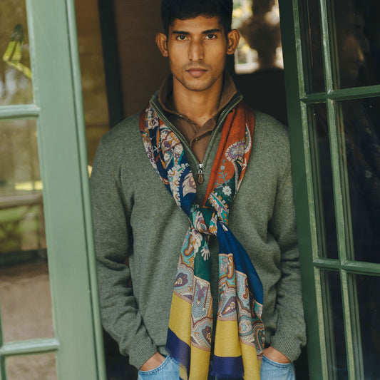 Paisley Fantasy Fine Wool Scarf in Cornflower