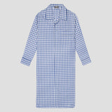 A long-sleeve pajama night shirt in a blue and white gingham check pattern, featuring a collar, button-down front, and a chest pocket, shown against a solid light gray background.
