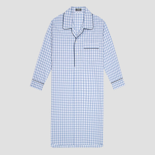Large Gingham Check Poplin Nightshirt in Sky Blue