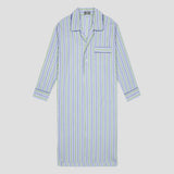 A long-sleeve pajama shirt dress with vertical blue and green stripes on a white base, featuring a pointed collar, button placket, and a chest pocket, shown against a solid light gray background.