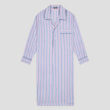 A long-sleeve pajama shirt with vertical blue and red stripes on a white base, featuring a pointed collar, button-front closure, and a chest pocket, shown against a solid light gray background.