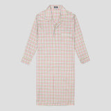 Beige checked nightshirt with red and green checks, on plain grey pale background