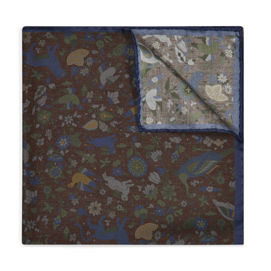 Woodland Animals Silk Pocket Square in Olive Green