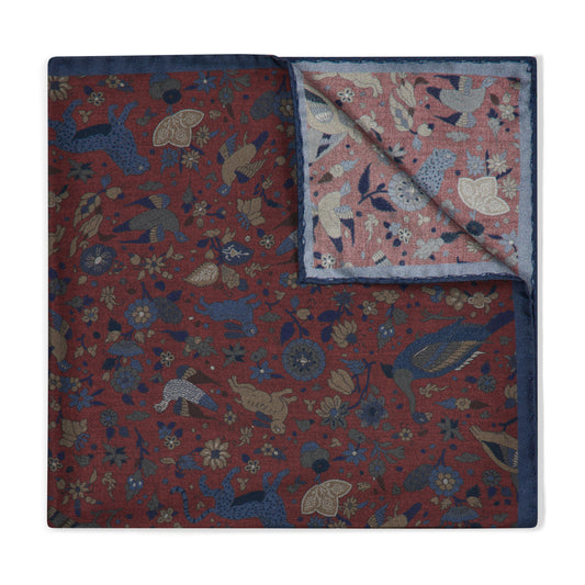 Woodland Animals Silk Pocket Square in Wine