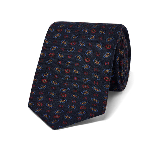 Scattered Paisley Motif Wool and Silk Tie in Navy