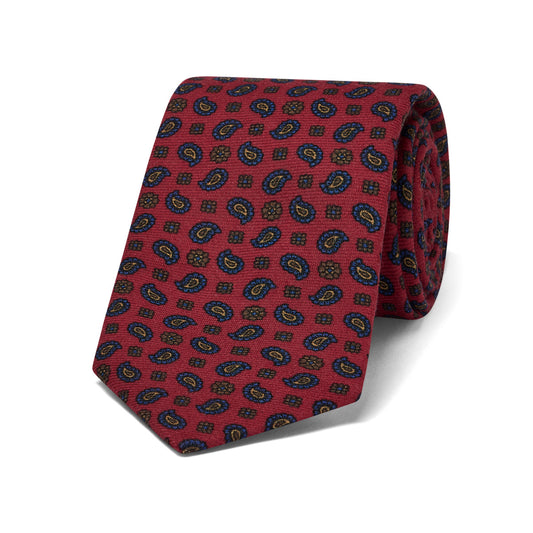 Scattered Paisley Motif Wool and Silk Tie in Red