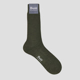 Olive green short sock on a pale grey background