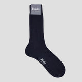 Navy blue sock with 'Budd' branding on a white background