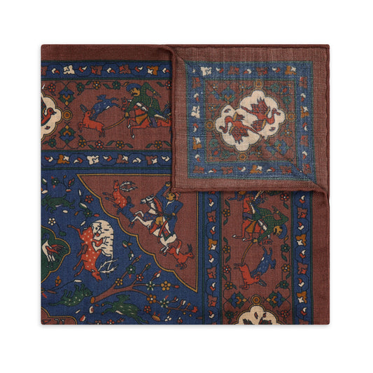 Mughal Hunt Silk and Wool Pocket Square in Brown