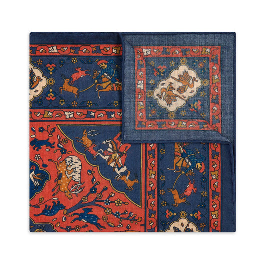 Mughal Hunt Silk and Wool Pocket Square in Navy