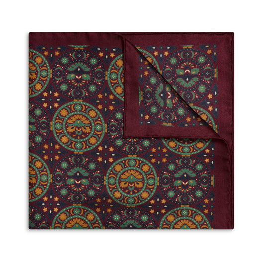 Floral Medallion Silk Pocket Square in Burgundy
