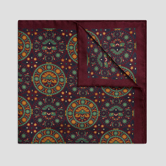 Floral Medallion Silk Pocket Square in Burgundy