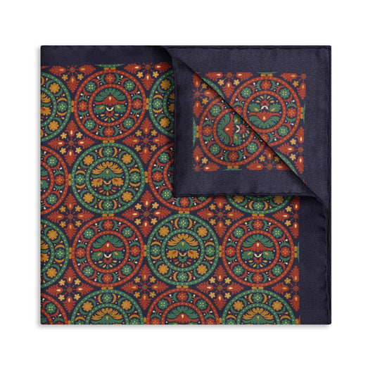 Floral Medallion Silk Pocket Square in Navy