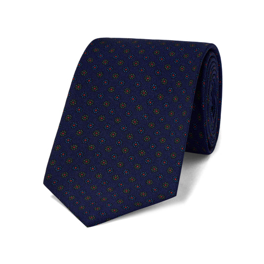 Daisy Motif Panama Silk Tie in Navy