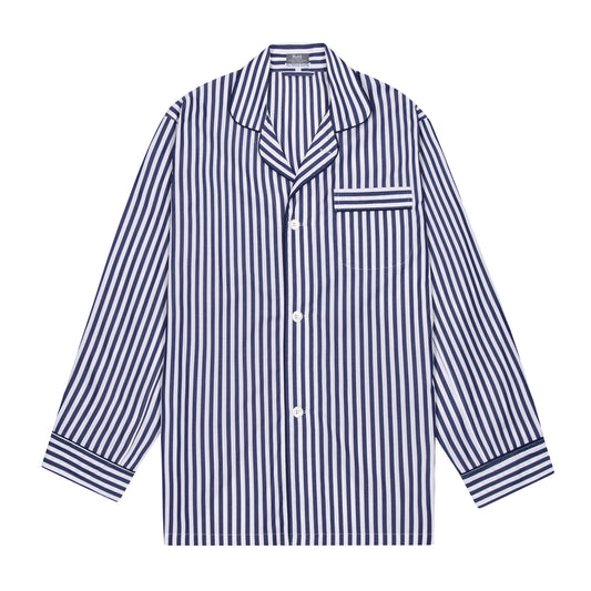 Navy and white striped pajama shirt on a white background