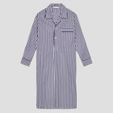 A long-sleeve button-front nightshirt or pajama dress with vertical navy and white stripes, shown flat against a light gray background.