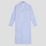 A long-sleeve pajama nightshirt with vertical blue and white stripes, featuring a pointed collar, button-front placket, and a chest pocket with striped trim, shown on a light gray background.