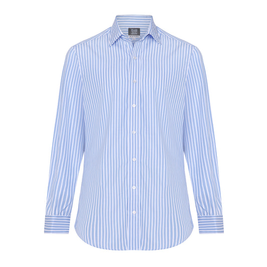 A light blue and white vertically striped long-sleeve button-down shirt, shown on a plain white background.
