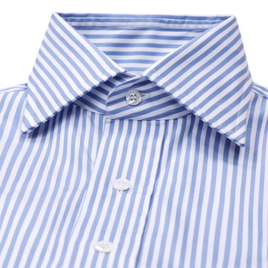 Close-up of a blue and white striped dress shirt collar with white buttons on a plain white background.