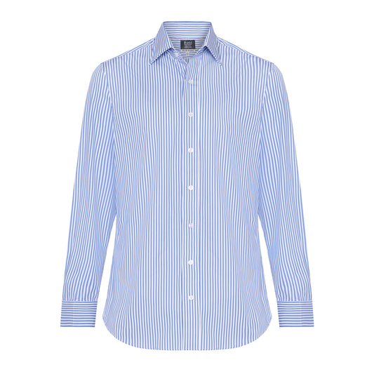 A long-sleeve button-down dress shirt with a blue and white vertical stripe pattern, shown on a plain white background.