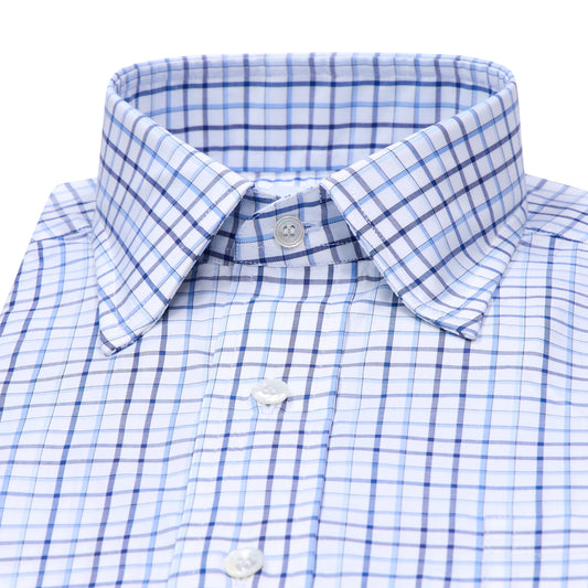 Close-up of a blue and white checkered shirt with a collar on a white background