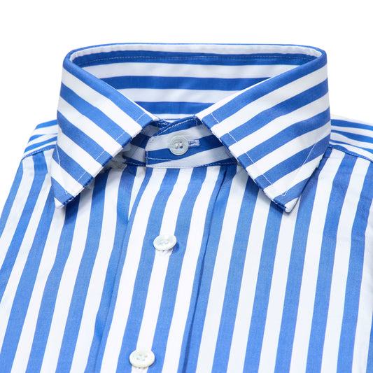 Close-up of a blue and white striped shirt with a collar on a white background