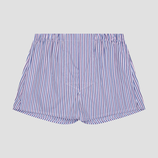 Blue and white vertically striped boxer shorts with an elastic waistband, shown flat against a light gray background.