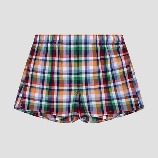 A pair of men's shorts featuring a vibrant multicolor plaid pattern with orange, green, blue, red, and white stripes, displayed against a solid light gray background.