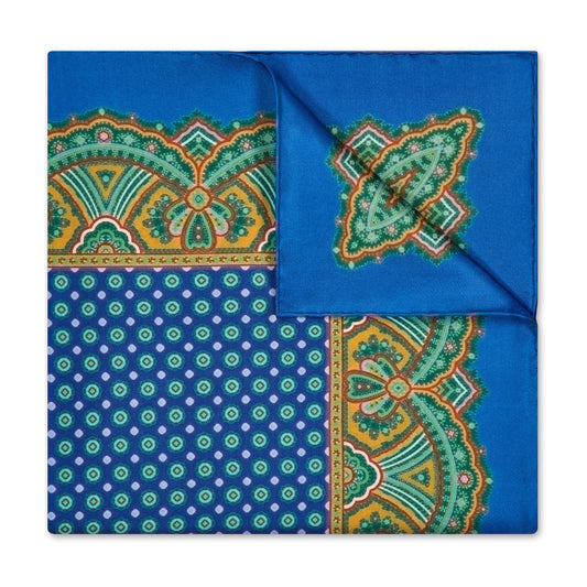 Ornate Border and Motif Madder Silk Neckerchief in Royal and Gold
