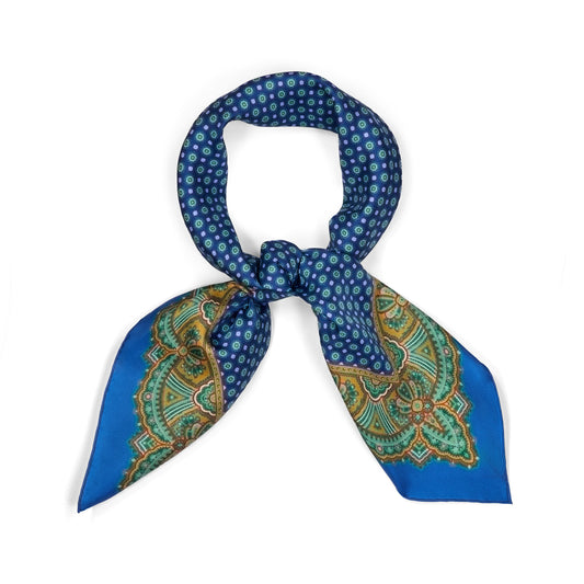 Ornate Border and Motif Madder Silk Neckerchief in Royal and Gold