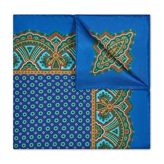 Ornate Border and Motif Madder Silk Neckerchief in Royal and Sky Blue