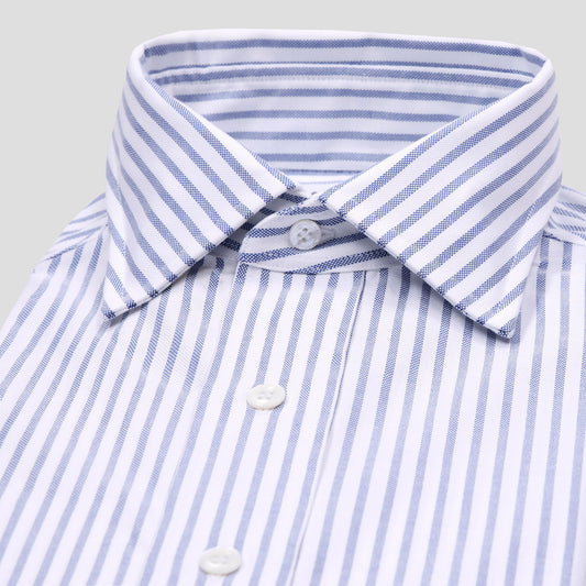 Close up collar shot of shirt front in blue stripe oxford