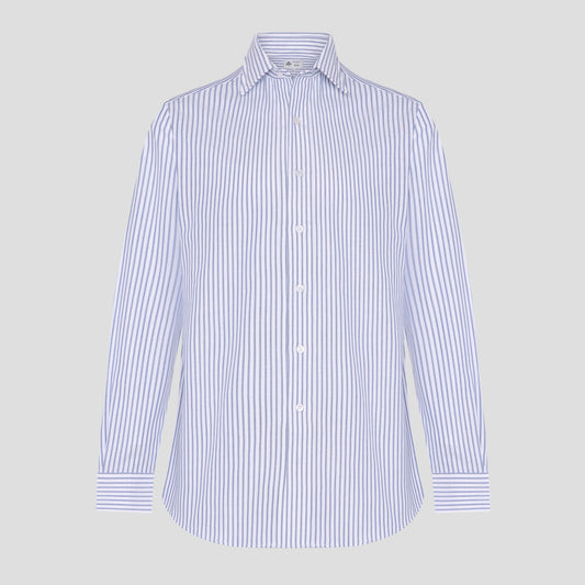Full shirt image of blue stripe oxford shirt on grey background