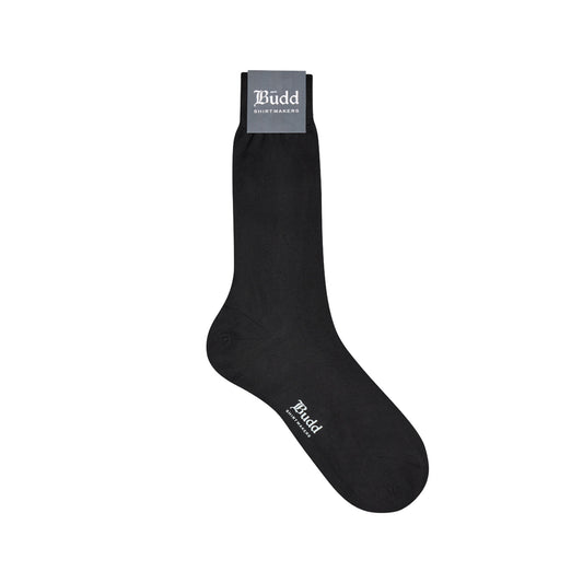 Black sock with 'Büdd' branding on a white background