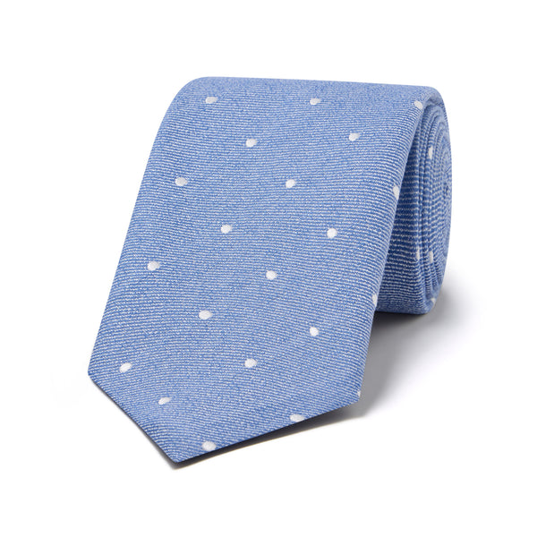 Miniature Polka Dot Silk and Linen Tie in Denim Blue