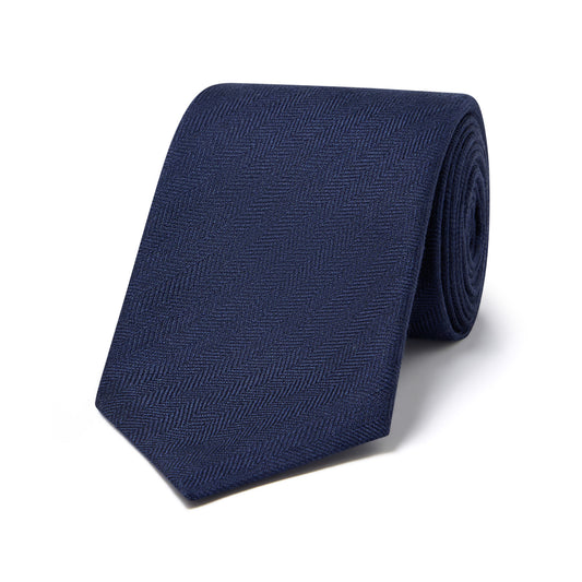 Fine Herringbone Silk and Linen Tie in Navy Blue