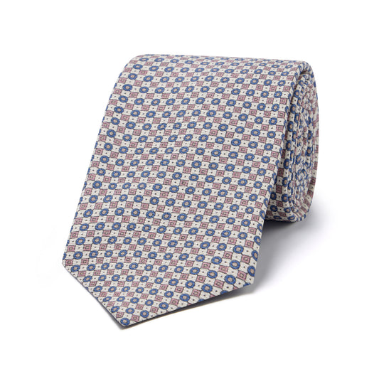 Miniature Linked Motif Twill Silk Tie in Cream