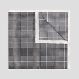 Large black and cream Prince of Wales check silk twill pocket square with a cream border, 43cm square, made in England.