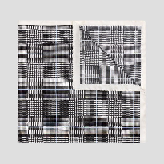 Large black and cream Prince of Wales check silk twill pocket square with a cream border, 43cm square, made in England.