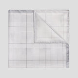 Silver Prince of Wales check silk twill pocket square, 43cm square, featuring a refined, elegant printed design.