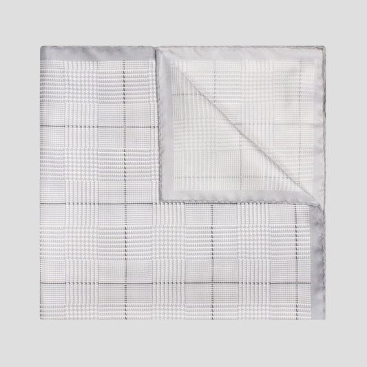 Silver Prince of Wales check silk twill pocket square, 43cm square, featuring a refined, elegant printed design.